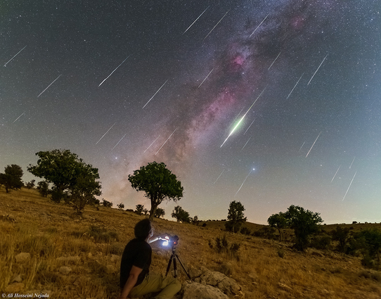 2023 August 24

Meteors along the Milky Way
 * Image Credit & Copyright: Ali Hosseini Nezhad

Explanation: 
Under dark and mostly moonless night skies, many denizens of planet Earth were able to watch this year's Perseid meteor shower. Seen from a grassy hillside from Shiraz, Iran these Perseid meteors streak along the northern summer Milky Way before dawn on Sunday, August 13. Frames used to construct the composited image were captured near the active annual meteor shower's peak between 02:00 AM and 04:30 AM local time. Not in this night skyscape, the shower's radiant in the heroic constellation Perseus is far above the camera's field of view. But fans of northern summer nights can still spot a familiar asterism. Formed by bright stars Deneb, Vega, and Altair, the Summer Triangle spans the luminous band of the Milky Way. 

Authors & editors: Robert Nemiroff (MTU) & Jerry Bonnell (UMCP)
NASA Official: Phillip Newman Specific rights apply.
NASA Web Privacy Policy and Important Notices
A service of: ASD at NASA / GSFC,
NASA Science Activation
& Michigan Tech. U.