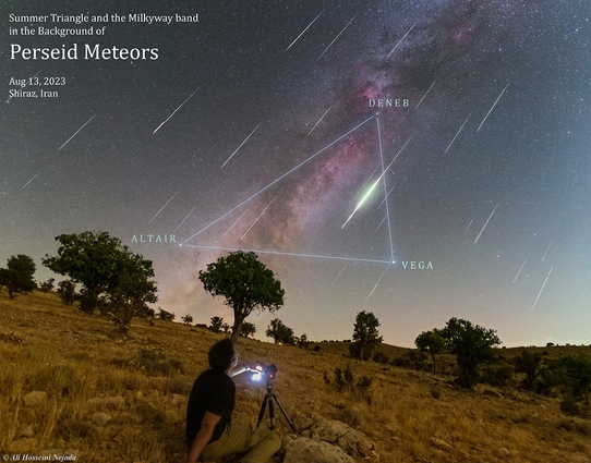 Annotations for previous post.

2023 August 24

Meteors along the Milky Way
 * Image Credit & Copyright: Ali Hosseini Nezhad

Explanation: 
Under dark and mostly moonless night skies, many denizens of planet Earth were able to watch this year's Perseid meteor shower. Seen from a grassy hillside from Shiraz, Iran these Perseid meteors streak along the northern summer Milky Way before dawn on Sunday, August 13. Frames used to construct the composited image were captured near the active annual meteor shower's peak between 02:00 AM and 04:30 AM local time. Not in this night skyscape, the shower's radiant in the heroic constellation Perseus is far above the camera's field of view. But fans of northern summer nights can still spot a familiar asterism. Formed by bright stars Deneb, Vega, and Altair, the Summer Triangle spans the luminous band of the Milky Way. 

Authors & editors: Robert Nemiroff (MTU) & Jerry Bonnell (UMCP)
NASA Official: Phillip Newman Specific rights apply.
NASA Web Privacy Policy and Important Notices
A service of: ASD at NASA / GSFC,
NASA Science Activation
& Michigan Tech. U.