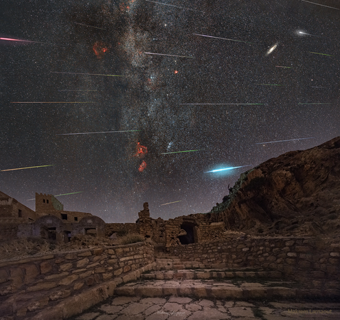 2022 August 16
The featured image shows a composite image capturing many meteor streaks above the ruins of an ancient village. 

A Meteor Wind over Tunisia
 * Image Credit & Copyright: Makrem Larnaout

Explanation: 
Does the Earth ever pass through a wind of meteors? Yes, and they are frequently visible as meteor showers. Almost all meteors are sand-sized debris that escaped from a Sun-orbiting comet or asteroid, debris that continues in an elongated orbit around the Sun. Circling the same Sun, our Earth can move through an orbiting debris stream, where it can appear, over time, as a meteor wind. The meteors that light up in Earth's atmosphere, however, are usually destroyed. Their streaks, though, can all be traced back to a single point on the sky called the radiant. The featured image composite was taken over two days in late July near the ancient Berber village Zriba El Alia in Tunisia, during the peak of the Southern Delta Aquariids meteor shower. The radiant is to the right of the image. A few days ago our Earth experienced the peak of a more famous meteor wind -- the Perseids. 

Authors & editors: Robert Nemiroff (MTU) & Jerry Bonnell (UMCP)
NASA Official: Phillip Newman Specific rights apply.
NASA Web Privacy Policy and Important Notices
A service of: ASD at NASA / GSFC,
NASA Science Activation
& Michigan Tech. U.