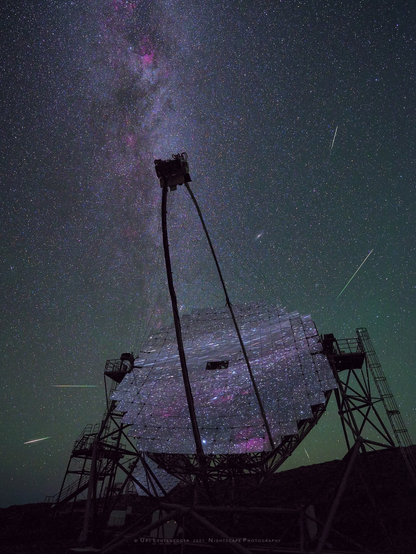 2022 August 11

Perseids and MAGIC
 * Image Credit & Copyright: Urs Leutenegger

Explanation: 
On August 11, 2021 a multi-mirror, 17 meter-diameter MAGIC telescope reflected this starry night sky from the Roque de los Muchachos European Northern Observatory on the Canary Island of La Palma. MAGIC stands for Major Atmospheric Gamma Imaging Cherenkov. The telescopes can see the brief flashes of optical light produced in particle air showers as high-energy gamma rays impact the Earth's upper atmosphere. To the dark-adapted eye the mirror segments offer a tantalizing reflection of stars and nebulae along the plane of our Milky Way galaxy. But directly behind the segmented mirror telescope, low on the horizon, lies the constellation Perseus. And on that date the dramatic composite nightscape also captured meteors streaming from the radiant of the annual Perseid meteor shower. This year the Perseid shower activity will again peak around August 13 but perseid meteors will have to compete with the bright light of a Full Moon. 

Authors & editors: Robert Nemiroff (MTU) & Jerry Bonnell (UMCP)
NASA Official: Phillip Newman Specific rights apply.
NASA Web Privacy Policy and Important Notices
A service of: ASD at NASA / GSFC,
NASA Science Activation
& Michigan Tech. U.