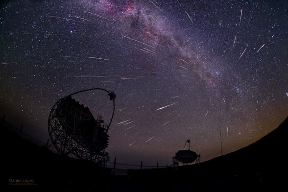 2016 August 20

Gamma-rays and Comet Dust
 * Image Credit & Copyright: Daniel López (El Cielo de Canarias)

Explanation: 
Gamma-rays and dust from periodic Comet Swift-Tuttle plowed through planet Earth's atmosphere on the night of August 11/12. Impacting at about 60 kilometers per second the grains of comet dust produced this year's remarkably active Perseid meteor shower. This composite wide-angle image of aligned shower meteors covers a 4.5 hour period on that Perseid night. In it the flashing meteor streaks can be traced back to the shower's origin on the sky. Alongside the Milky Way in the constellation Perseus, the radiant marks the direction along the perodic comet's orbit. Traveling at the speed of light, cosmic gamma-rays impacting Earth's atmosphere generated showers too, showers of high energy particles. Just as the meteor streaks point back to their origin, the even briefer flashes of light from the particles can be used to reconstruct the direction of the particle shower, to point back to the origin on the sky of the incoming gamma-ray. Unlike the meteors, the incredibly fast particle shower flashes can't be followed by eye. But both can be followed by the high speed cameras on the multi-mirrored dishes in the foreground. Of course, the dishes are MAGIC (Major Atmospheric Gamma Imaging Cherenkov) telescopes, an Earth-based gamma-ray observatory on the Canary Island of La Palma.

Authors & editors: Robert Nemiroff (MTU) & Jerry Bonnell (UMCP)