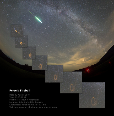 2018 August 17

Perseid Fireball and Persistent Train
 * Image Credit & Copyright: Petr Horálek

Explanation: 
Before local midnight on August 12, this brilliant Perseid meteor flashed above the Poloniny Dark Sky Park, Slovakia, planet Earth. Streaking beside the summer Milky Way, its initial color is likely due to the shower meteor's characteristically high speed. Moving at about 60 kilometers per second, Perseid meteors can excite green emission from oxygen atoms while passing through the thin atmosphere at high altitudes. Also characteristic of bright meteors, this Perseid left a lingering visible trail known as a persistent train, wafting in the upper atmosphere. Its development is followed in the inset frames, exposures separated by one minute and shown at the scale of the original image. Compared to the brief flash of the meteor, the wraith-like trail really is persistent. After an hour faint remnants of this one could still be traced, expanding to over 80 degrees on the sky. 

Authors & editors: Robert Nemiroff (MTU) & Jerry Bonnell (UMCP)
NASA Official: Phillip Newman Specific rights apply.
NASA Web Privacy Policy and Important Notices
A service of: ASD at NASA / GSFC
& Michigan Tech. U.