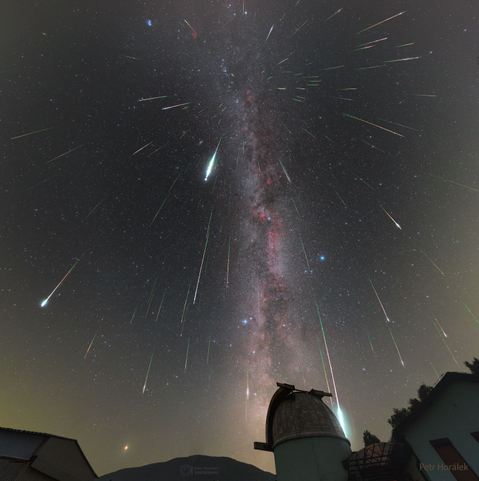 2023 August 9
Mulitple streaks cover a night sky filled with stars. An observtory dome is visible in the foreground.

Meteor Shower: Perseids from Perseus
 * Credit & Copyright: Petr Horálek / Institute of Physics in Opava

Explanation: 
This is a good week to see meteors. Comet dust will rain down on planet Earth, streaking through dark skies during peak nights of the annual Perseid Meteor Shower. The featured composite image was taken during the 2018 Perseids from the Poloniny Dark Sky Park in Slovakia. The dome of the observatory in the foreground is on the grounds of Kolonica Observatory. Although the comet dust particles travel parallel to each other, the resulting shower meteors clearly seem to radiate from a single point on the sky in the eponymous constellation Perseus. The radiant effect is due to perspective, as the parallel tracks appear to converge at a distance, like train tracks. The Perseid Meteor Shower is expected to reach its highest peak on Saturday after midnight. Since a crescent Moon will rise only very late that night, cloudless skies will be darker than usual, making a high number of faint meteors potentially visible this year. 

Authors & editors: Robert Nemiroff (MTU) & Jerry Bonnell (UMCP)
NASA Official: Phillip Newman Specific rights apply.
NASA Web Privacy Policy and Important Notices
A service of: ASD at NASA / GSFC,
NASA Science Activation
& Michigan Tech. U.