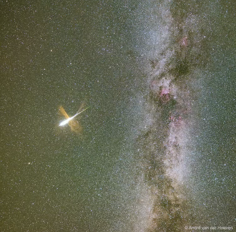2025 August 3
A starscape is shown with the central band of the Milky Way Galaxy running down the center. Just to the left of the Milky Way is a bright meteor. In the three frame time-lapse image, the meteor explodes and gas and dust drift away. 

Milky Way and Exploding Meteor
 * Image Credit & Copyright: Andre van der Hoeven

Explanation: 
In about a week the Perseid Meteor Shower will reach its maximum. Grains of icy rock will streak across the sky as they evaporate during entry into Earth's atmosphere. These grains were shed from Comet Swift-Tuttle. The Perseids result from the annual crossing of the Earth through Comet Swift-Tuttle's orbit, and are typically the most active meteor shower of the year. Although it is hard to predict the level of activity in any meteor shower, in a clear dark sky an observer might see a meteor a minute. This year's Perseids peak just a few days after full moon, and so some faint meteors will be lost to the lunar skyglow. Meteor showers in general are best seen from a relaxing position, away from lights. Featured here is a meteor caught exploding during the 2015 Perseids above Austria next to the central band of our Milky Way Galaxy. 

Authors & editors: Robert Nemiroff (MTU) & Jerry Bonnell (UMCP)
NASA Official: Amber Straughn Specific rights apply.
NASA Web Privacy, Accessibility, Notices;
A service of: ASD at NASA / GSFC,
NASA Science Activation
& Michigan Tech. U.