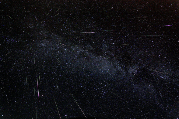 2007 August 12

Raining Perseids
 * Credit & Copyright: Fred Bruenjes

Explanation: 
Tonight is a good night to see meteors. Comet dust will rain down on planet Earth, streaking through dark skies in the annual Perseid meteor shower. While enjoying the anticipated space weather, astronomer Fred Bruenjes recorded a series of many 30 second long exposures spanning about six hours on the night of 2004 August 11/12 using a wide angle lens. Combining those frames which captured meteor flashes, he produced this dramatic view of the Perseids of summer. Although the comet dust particles are traveling parallel to each other, the resulting shower meteors clearly seem to radiate from a single point on the sky in the eponymous constellation Perseus. The radiant effect is due to perspective, as the parallel tracks appear to converge at a distance. Bruenjes notes that there are 51 Perseid meteors in the composite image, including one seen nearly head-on. This year, the Perseids Meteor Shower is expected to peak after midnight tonight, in the moonless early morning hours of August 12. 

Authors & editors: Robert Nemiroff (MTU) & Jerry Bonnell (USRA)
NASA Official: Phillip Newman Specific rights apply.
NASA Web Privacy Policy and Important Notices
A service of: ASD at NASA / GSFC
& Michigan Tech. U.