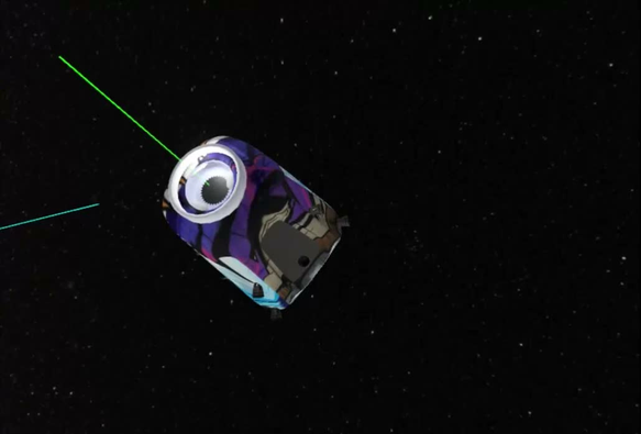 A FLEOT (a small capsule-shaped spaceship from the game Low Earth Orbit Adventures) covered in graffiti and floating above Earth.
