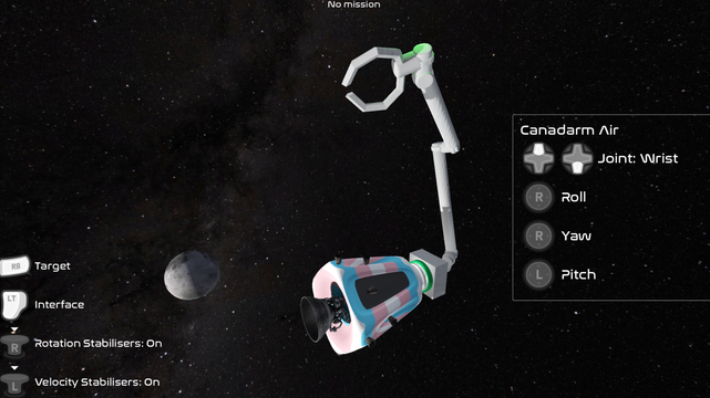 A screenshot from Low Earth Orbit Adventures showing the player's space capsule painted in the trans flag colours, with a robot canadarm-like instrument attached. The arm has a large claw at the end which is a bit comically large and primitive compared to the real Canadarm