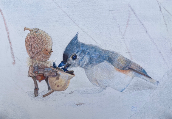 winter scene starring a little creature made out of twigs and acorns feeding seeds to a blue titbird