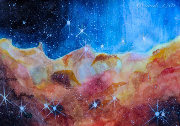 watercolour painting of the carina nebula based on a photo taken by the james webb telescope