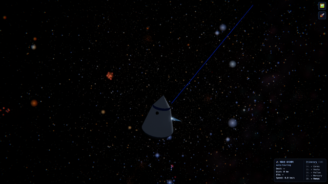 SPACE 관전(/demo) 모드 화면. 자동 순회 중인 데모선과 함께, 우하단에 방문 순번(세레스·베스타·팔라스·수성·금성)과 목적지·ETA를 보여주는 항해 패널이 떠 있다.