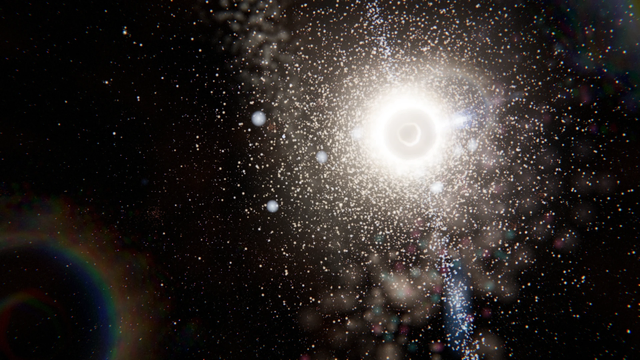 센타우루스 A(NGC 5128)의 중심. 나선팔 없이 늙고 누런 별들이 공처럼 뭉쳐 있고, 한가운데 빛 고리를 두른 블랙홀에서 푸른 제트가 아래로 뻗어 나온다.
